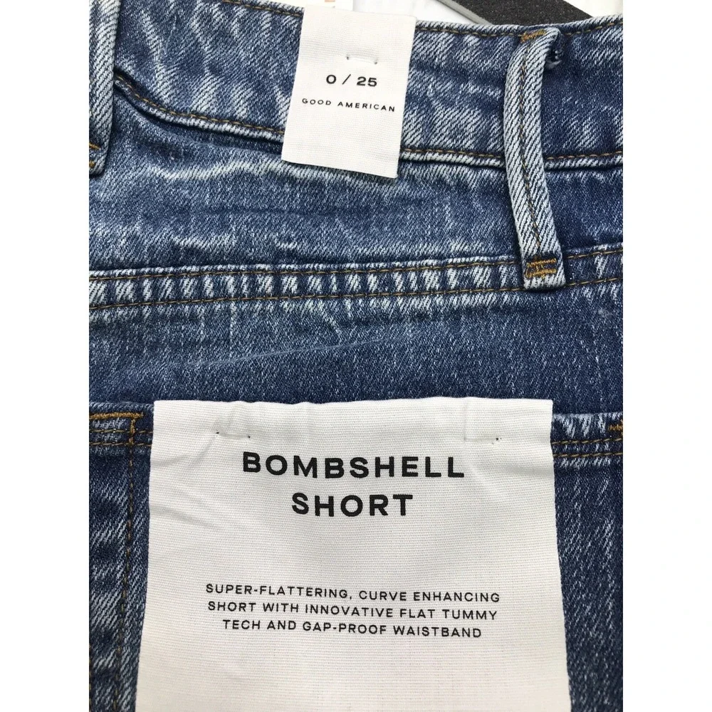 Good American bombshell cutoff denim shorts blue distressed high waisted Sz 0/25